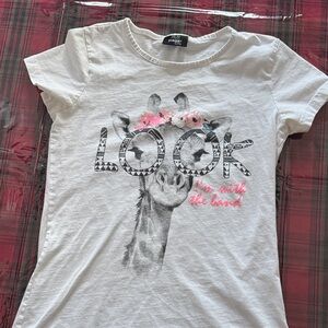 Primark White Tee with Giraffe and Floral Design